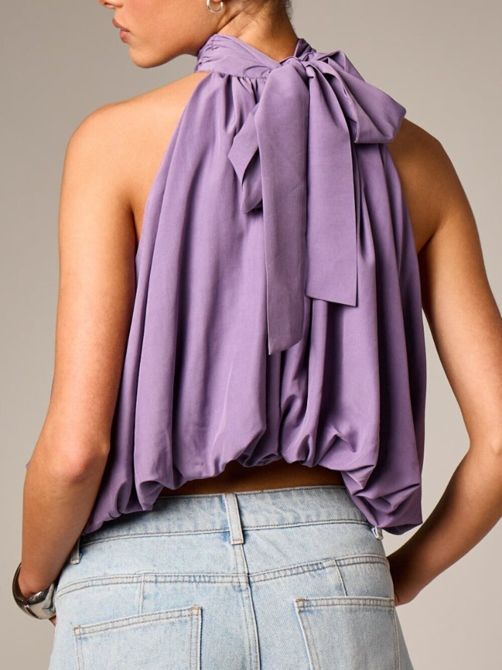Purple Elegant Women's Halter Neck Sleeveless Puffball Blouse - Picture 2 of 6